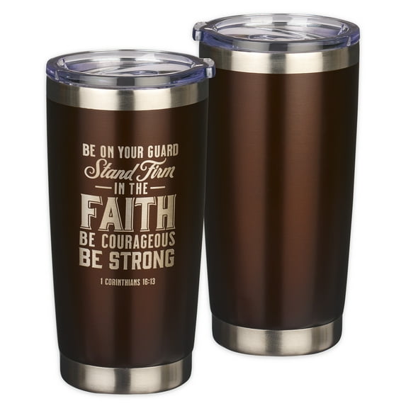 Christian Art Gifts Stainless Steel Double Wall Vacuum Insulated Travel Mug Tumbler for Women & Men: Stand Firm - 1 Cor. 16:13 Bible Verse, Non-toxic, BPA-free, Clean Hot/Cold Drinkware, Brown, 18 oz.