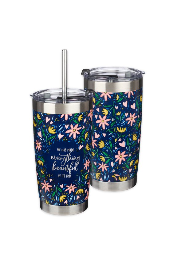 Stainless Steel Double-Wall Vacuum Insulated Tumbler w/Straw & Lid for Women: Everything Beautiful - Ecc. 3:11 Inspirational Bible Verse Travel Mug, Navy Multi Floral, 18 oz.