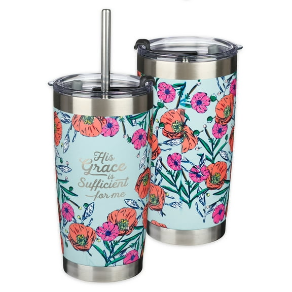 Christian Art Gifts Stainless Steel Double-Wall Vacuum Insulated Tumbler w/Straw & Lid for Women: His Grace is Sufficient - 2 Cor. 12:9 Encouraging Scripture Travel Mug, Light Blue/Pink Floral, 18 oz.