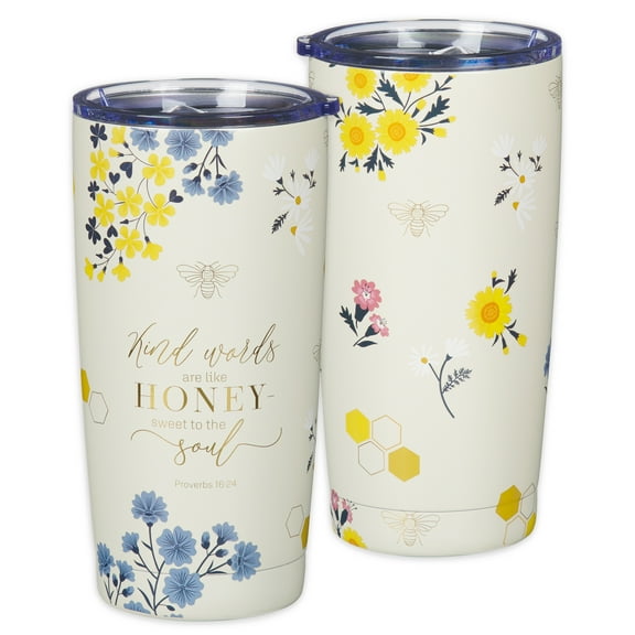 Christian Art Gifts Stainless Steel Scripture Tumbler Travel Mug for Women: Kind Words Bible Verse, Cute Bumble Bee, Double-wall Vacuum Insulated, Lid, Hot/Cold, Creamy White Multicolor Floral, 18oz.