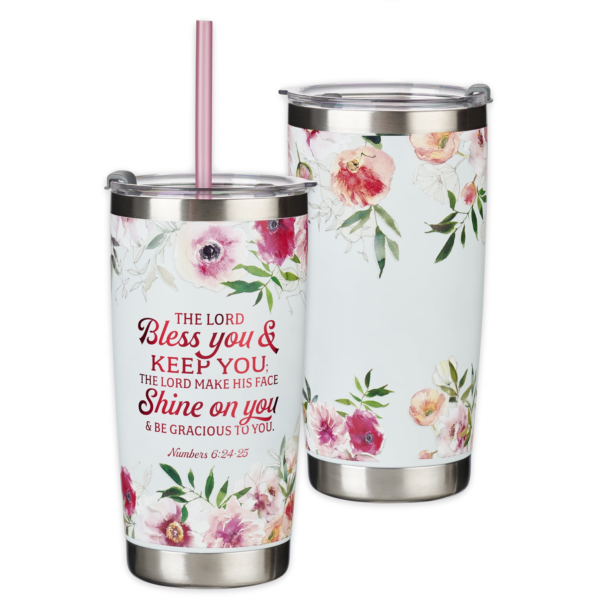 White and Pink Floral Stainless Steel Travel Tumbler with Scripture