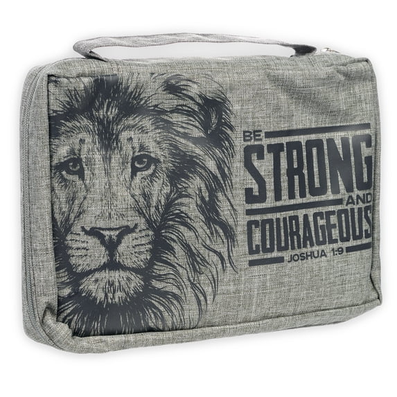 Christian Art Gifts Strong & Courageous Lion Book Cover with Pen Loops, Gray