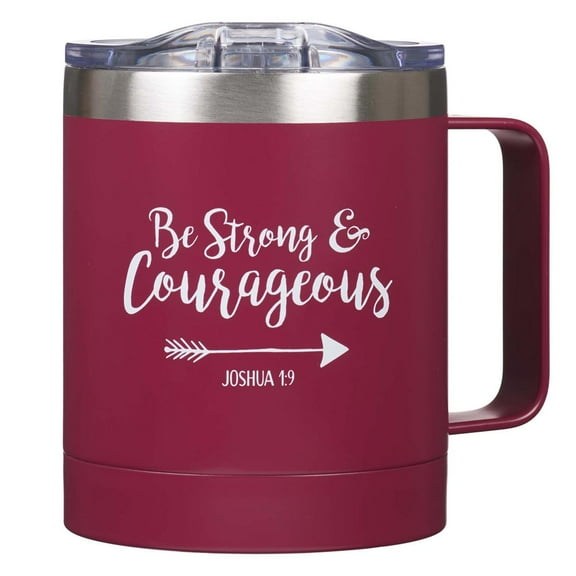 Be Strong & Courageous Stainless Steel Magenta Mug w/Joshua 1:9 - Camp Style Travel Mug, Christian Mug for Women or Men (11oz Double Wall Vacuum Insulated Coffee Mug with Lid and Handle)