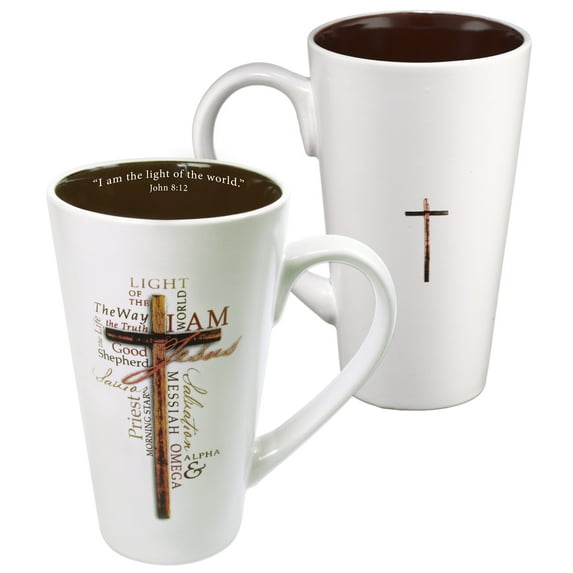 Christian Art Gifts Tall Stoneware Coffee/Tea Mug Light of The World John 8:12 Bible Verse - Names of Jesus Mug For Men and Women 16oz Cream Ceramic Cup with Large Handle