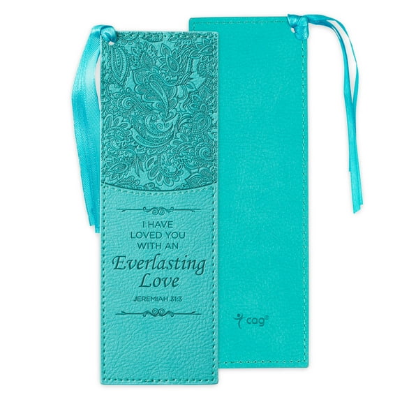 Christian Art Gifts Teal Faux Leather Bookmark  Everlasting Love - Jeremiah 31:3 Bible Verse Inspirational Bookmark for Women w/Satin Ribbon Tassel
