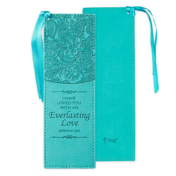Christian Art Gifts Teal Faux Leather Bookmark Everlasting Love - Jeremiah 31:3 Bible Verse Inspirational Bookmark for Women w/Satin Ribbon Tassel
