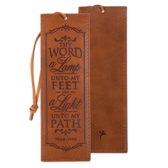 Christian Art Gifts Toffee Brown Faux Leather Bookmark: Thy Word is a Lamp Unto My Feet - Psalm 119:105 Inspirational Bible Verse with Cord