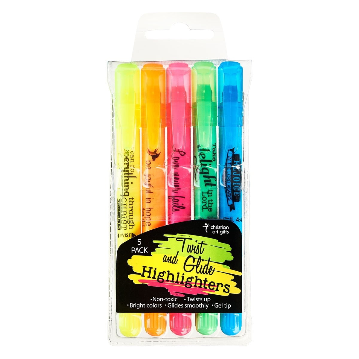 Christian Art Gifts Twist & Glide Gel Multicolor Bible Highlighter Set for Study, Office, School, Smudge-proof, No Bleed, Pink, Green, Orange, Yellow, Blue with Scripture, Pack of 5 Assorted Colors