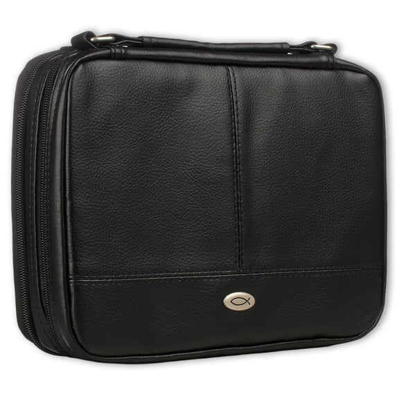 Christian Art Gifts Faux Leather Bible Cover for Men and Women | Ichthus Jesus Fish Emblem Zippered Two-Fold Organizer Case for Bible or Book w/Handle