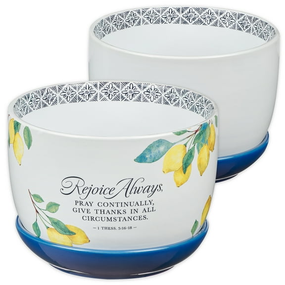 Christian Art Gifts Two Piece White Ceramic Table Top Planter Pot W/Navy Blue Saucer for Women: Rejoice Always Inspirati, (Hardcover)