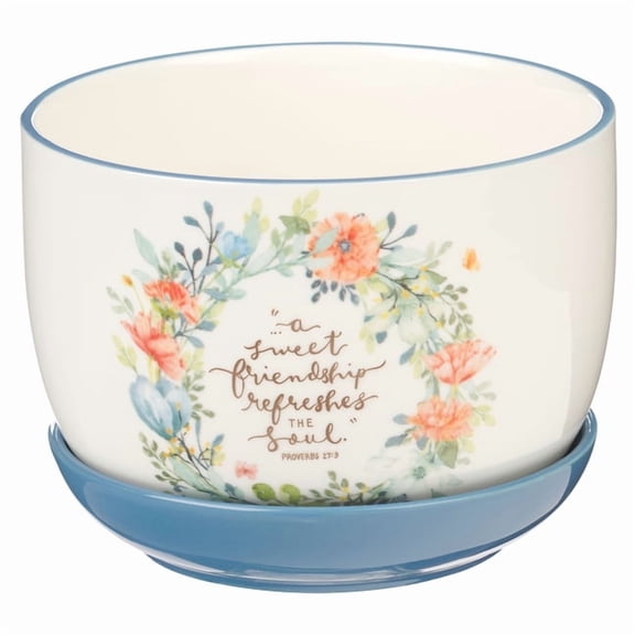 Christian Art Gifts Two Piece White Ceramic Table Top Scripture Planter Pot & Detachable Light Blue Saucer Tray for , (Hardcover)