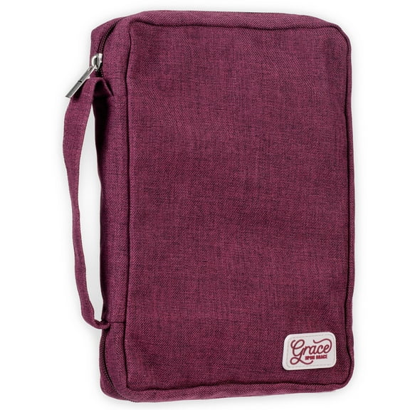 Christian Art Gifts Value Poly-canvas Bible Cover Case for Women: Grace Upon Grace - John 1:16 Inspirational Scripture w/White Rubber Badge, Pocket, Pen Loops to Organize Accessories, Plum, Large