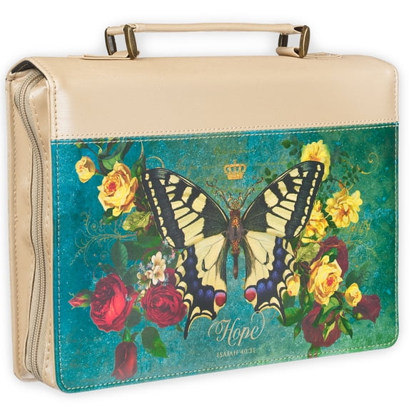 Christian Art Gifts Vegan Leather Fashion Bible Cover Carry Case for Women: Hope - Isa. 40:31 Inspirational Scripture Verse w/Cute Butterfly & Multicolor Florals, Pockets, Pen Loops, Taupe/Teal, Large