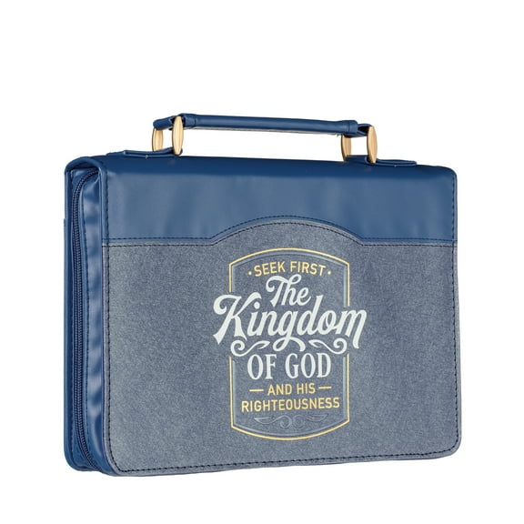 Christian Art Gifts Vegan Leather Fashion Bible Cover Carry Case for Women: Seek First the Kingdom of God - Mat. 6:33 Inspirational Scripture Verse w/Pockets, Pen Storage & Gold, Metallic Blue, Medium