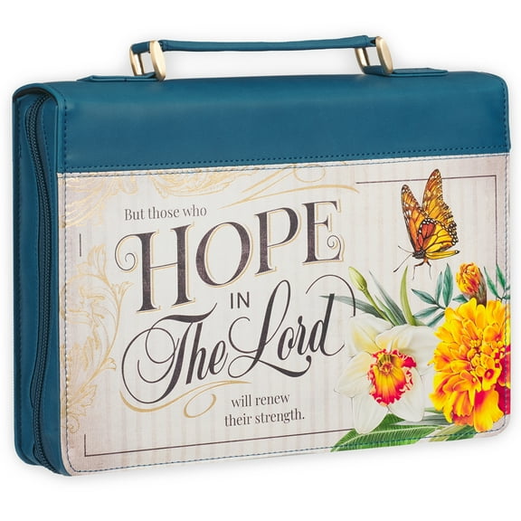 Christian Art Gifts Vibrant Blue Floral Fashion Bible Cover for Women: Hope in the Lord - Isa. 40:31 Inspirational Scripture Verse, Vintage Vegan Leather Book Carry Case w/Stationery Storage, Medium