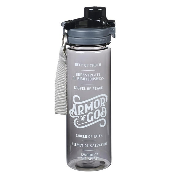 Christian Art Gifts Wide Mouth BPA-Free Reusable Plastic Sports Water Bottle w/Locking Flip-Top Lid & Carry Strap: Armor of God - Ephesians 6:10-18 Inspirational Bible Verse, Black, 28 oz.