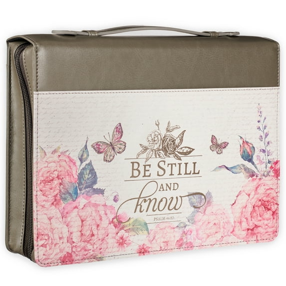Christian Art Gifts Women's Fashion Bible Cover Be Still and Know Psalm 46:10, Pink Rose Butterfly Faux Leather, XL