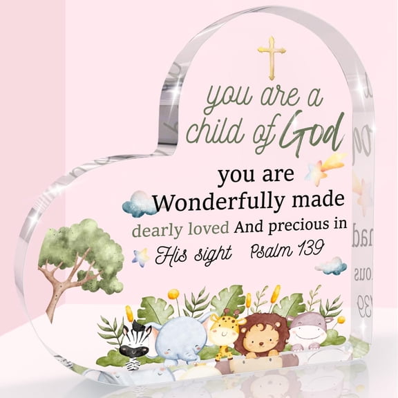 Christian Baptism Gifts for Girls Boys, Inspirational Godchild Decor for Home, Religious Christening Confirmation Catholic Heart Shaped Acrylic Sign Decorations for Granddaughter Grandson