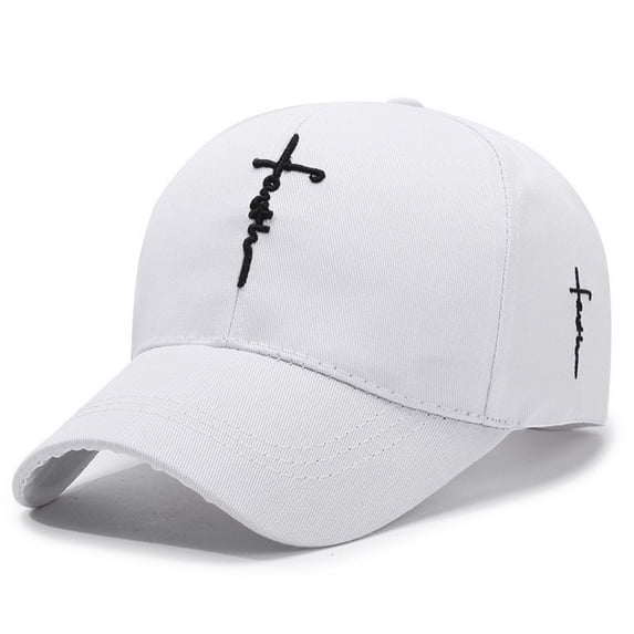 Christian Baseball Cap Embroidered Faith Cross Hat Adjustable Structured Front Panel Thick Raised Stitching White One Size
