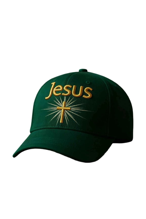 Christian Baseball Cap Green Unisex - Jesus Cross Embroidered Hat Adjustable Cotton Gold Embroidery Faith Headwear,Size Free Size