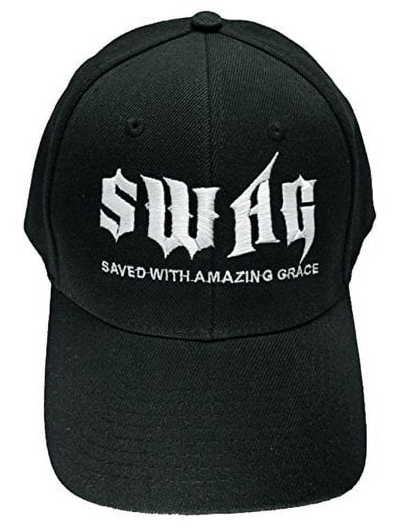 Christian Baseball Cap SWAG Saved with Amazing Grace Black Hat and Bumper Sticker