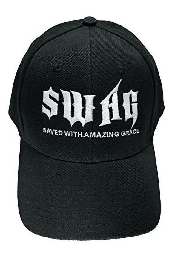 Christian Baseball Cap SWAG Saved with Amazing Grace Black Hat and Bumper Sticker