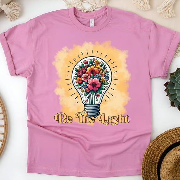 Christian Be The Light Graphic T-Shirt with Floral Light Bulb Design, Azalea, Size 2XL