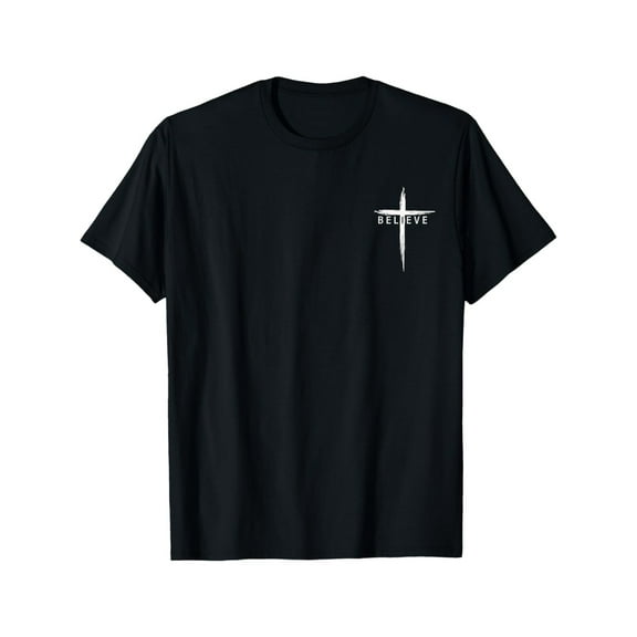 Christian "Believe" T-Shirt - Black Cotton Tee for Men, Featuring Cross and Jesus Christ Design, Perfect for Faithful Followers and Spiritual Gifts