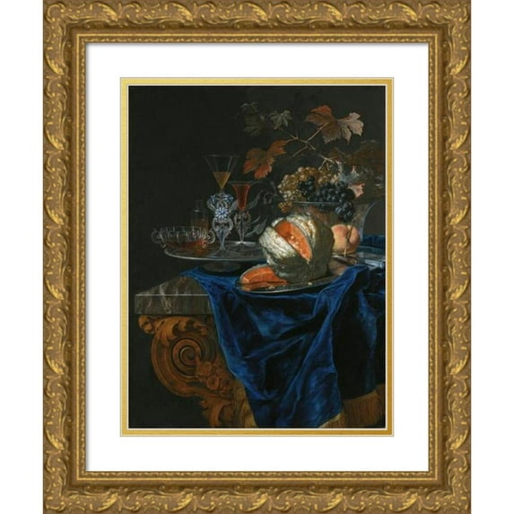 Christian Berentz 19x24 Gold Ornate Framed and Double Matted Museum Art Print Titled - Still Life with a Melon and a Peach on a Silver Platter