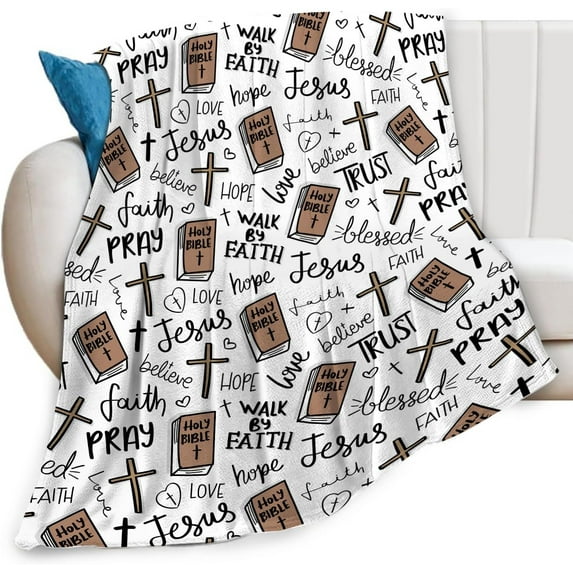 Christian Bible Cross Throw Blanket Jesus Religious Faith Prayer Blessed Print Blankets Gifts Couch Sofa Bed Stuff Decor Soft Cozy Fleece Plush Flannel Bedding for Lover Men Women Adults 60"x80"