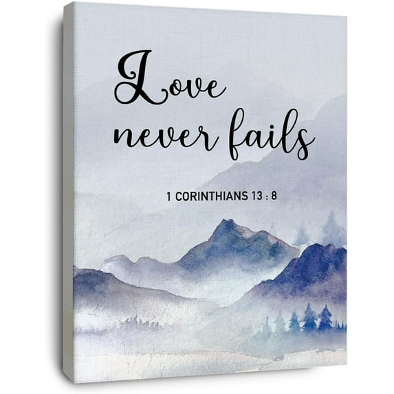 Christian Bible Scripture 1 Corinthians 13:8 Love Never Fails Watercolor Misty Mountain Canvas Wall Art Prints Decoration for Home Bedroom Living Room Church,Christians Gifts,11x14 Inch
