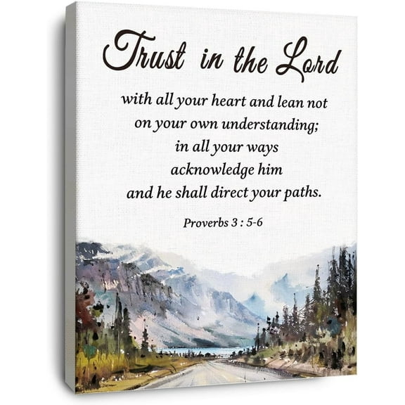 Christian Bible Scripture Proverbs 3:5-6 Trust in the Lord Watercolor Mountain Canvas Wall Art Prints Decoration for Home Bedroom Living Room Church,Christians Gifts,11x14 Inch