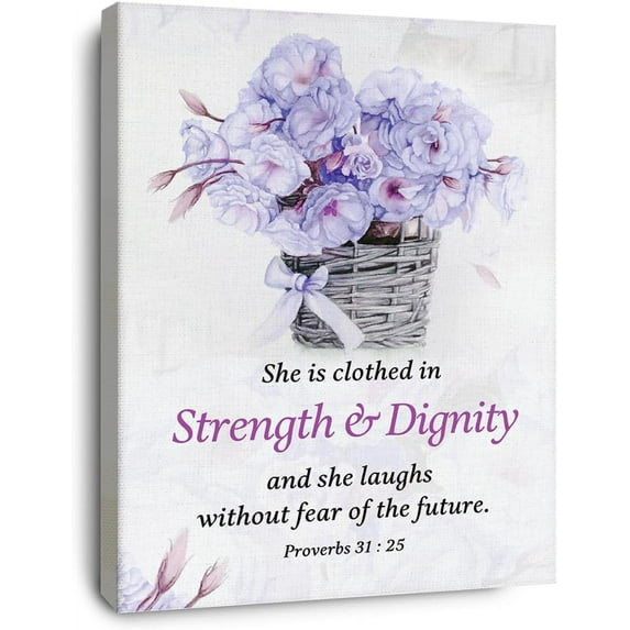 Christian Bible Scripture Proverbs 31:25 She is Clothed in Strength and Dignity Purple Floral Canvas Wall Art Prints Decoration for Home Girls Room Church,Christian Gifts for Women,11x14 Inch
