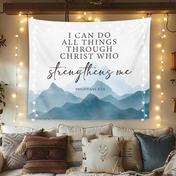 Christian Bible Scripture Tapestry - "Through the Lord I can overcome all things" Scripture DecorationTapestry Wall Hanging,Durable Religious Wall Decoration Suitable For Church Activities And Baptis