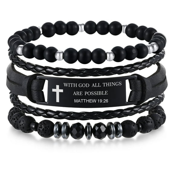 Christian Bible Verse Bracelets for Men, 3 Pcs Inspirational Religious Scripture Quotes Black Onyx Lava Rock Bead Cross Braided Leather Jesus Bracelet, First Communion Confirmation Baptism Gifts