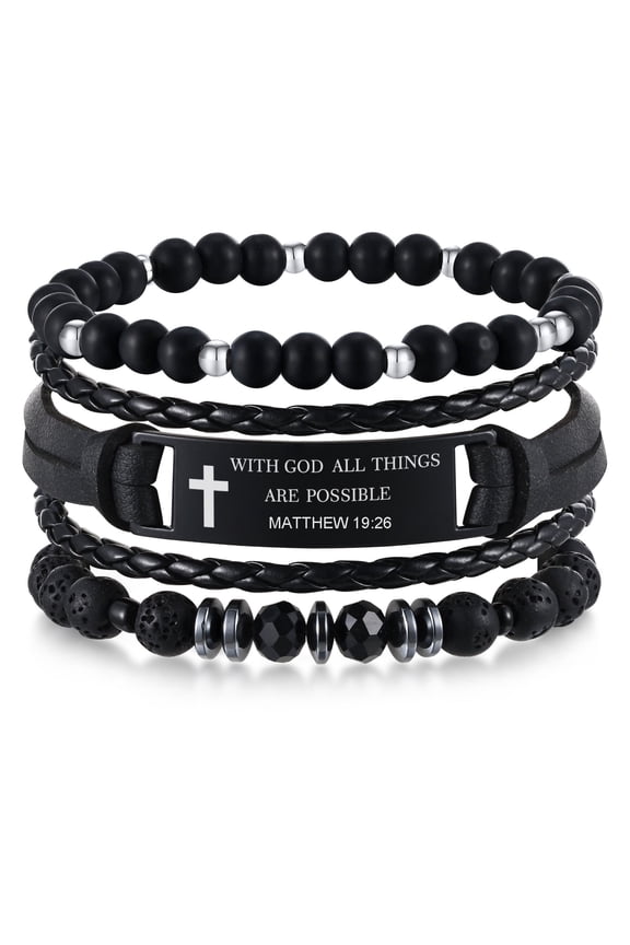 Christian Bible Verse Bracelets for Men, 3 Pcs Inspirational Religious Scripture Quotes Black Onyx Lava Rock Bead Cross Braided Leather Jesus Bracelet, First Communion Confirmation Baptism Gifts