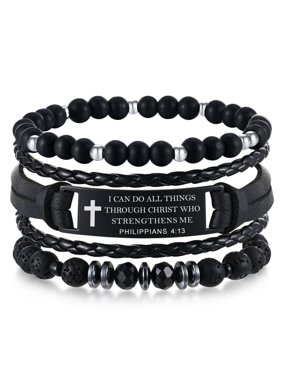 Christian Bible Verse Bracelets for Men, 3 Pcs Inspirational Religious Scripture Quotes Black Onyx Lava Rock Bead Cross Braided Leather Jesus Bracelet, First Communion Confirmation Baptism Gifts