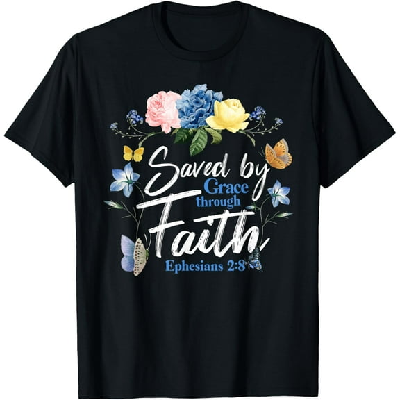 Christian Bible Verse Butterfly Rose Flower Ephesians 2:8 T-ShirtMen and women, Black T-shirt, size: Extra large