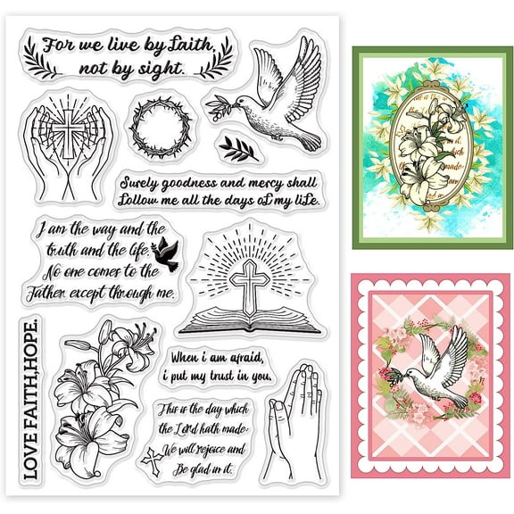 Christian Bible Verse Clear Stamps Dove Silicone Stamp Lilies Transparent Stamp for Scrapbook Journal Card Making 4.3 x 6.3 Inch colorful