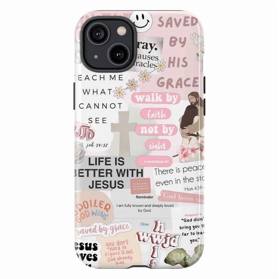 Christian Bible Verse Collage Phone Case with Saved by Grace and Walk by Faith Quotes, Pink Preppy Artistic Protective Cover for iPhone 17, 16, 15, 14, 13, 12, 11, Pro Max, Plus, Mini