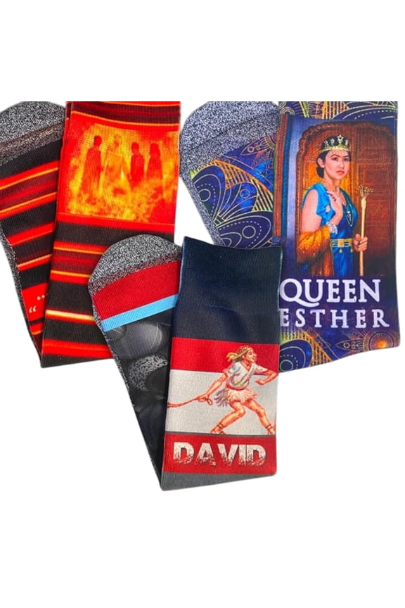 Christian Verse Crew Socks for Men - The Bible Courage Bundle (3-Pack) Featuring Fiery Furnace, Esther & David and Goliath
