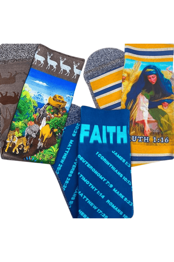 Mens Christian Crew Socks  Bible Faith 3-Pack Bundle (Ruth, Noah & Faith Verses) | Scripture Socks, Moisture-Wicking | Christian Gift for Men