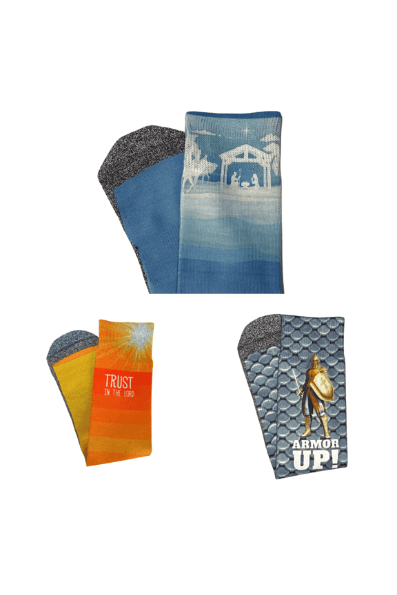 Mens Christian Crew Socks  Bible Power Verses 3-Pack Bundle (Armor, Proverbs & Nativity) | Scripture Socks, Moisture-Wicking | Christian Gift for Men