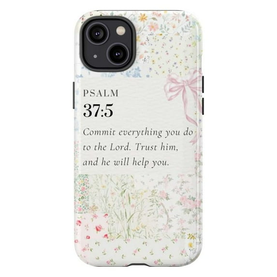 Christian Bible Verse Phone Case, Psalm 37:5 “Commit Everything to the Lord”, Floral Pastel Design, Fits iPhone 11 12 13 14 15 16 Pro Max Mini Plus