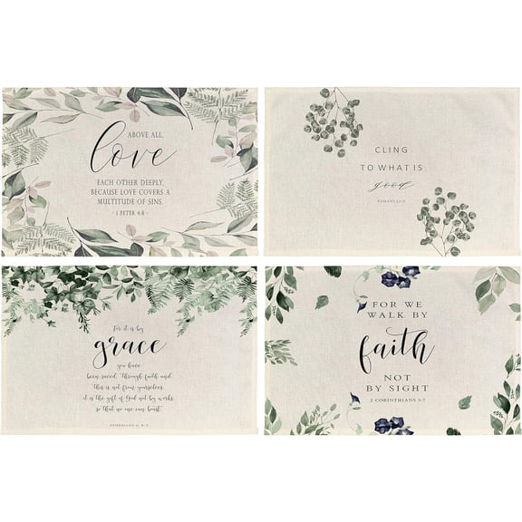 Christian Bible Verse Placemats Set of 4,Rustic Eucalyptus Religious Christian Scripture Table Mats Place Mats for Kitchen Dining Table Decoration 12x18 Inch,Christian Home Decor