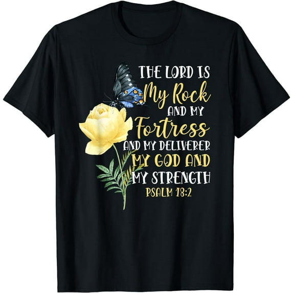 Christian Bible Verse Quote Butterfly Rose Flower Psalm 18:2 T-Shirt Black Medium
