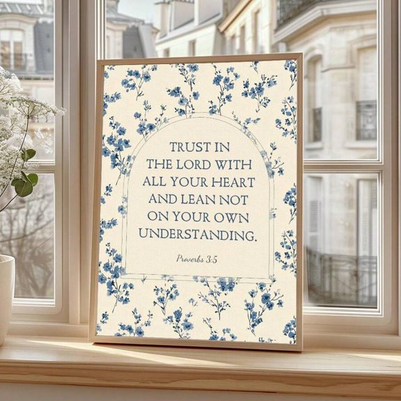 Christian Bible Verse Wall Art, Trust in the Lord with All Your Heart Proverbs 3:5 Scripture Wall Decor, Blue Floral Framed Art Print for Living Room Bedroom Home Decor