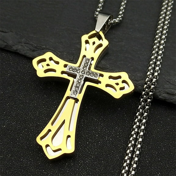 Christian Big Cross Pendant Necklace 14K Yellow Gold Male Golden Color Chain Necklaces for Men Jewelry