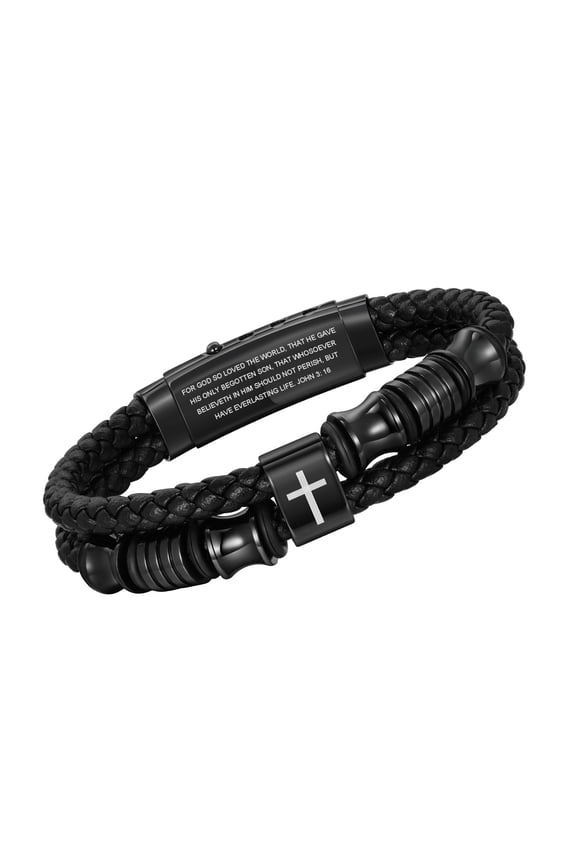 Christian Black Leather Bracelet for Men, Double Row Braided Leather Faith Cross Bracelets Religious Baptism Easter Jewelry Gift, Adjustable Wristband