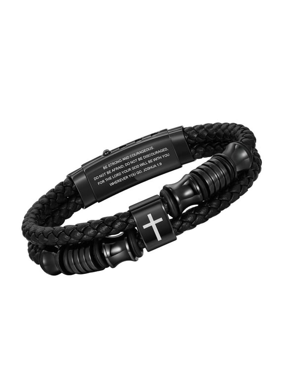 Christian Black Leather Bracelet for Men, Double Row Braided Leather Faith Cross Bracelets Religious Baptism Easter Jewelry Gift, Adjustable Wristband